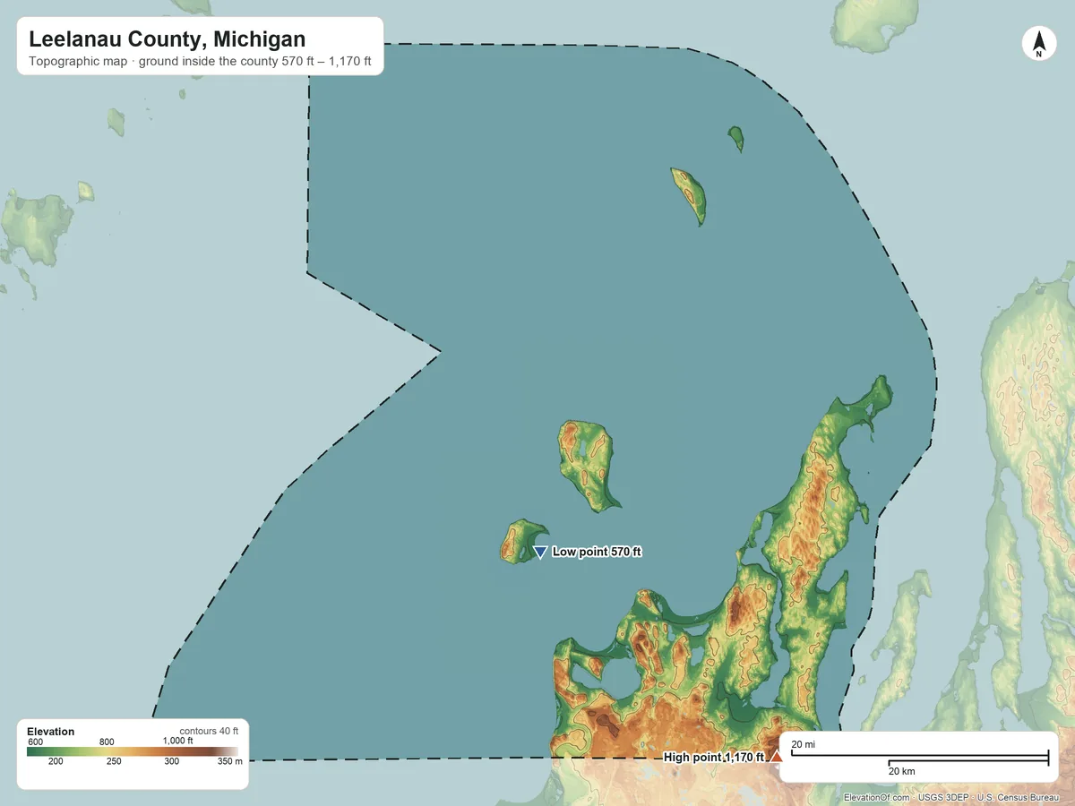 Topographic elevation map of Leelanau County, Michigan, shaded from 570 ft on the south side to 1,170 ft on the southeast side