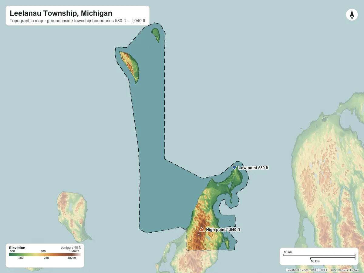 Topographic elevation map of Leelanau Township, Michigan, shaded from 580 ft on the northeast side to 1,040 ft near the middle
