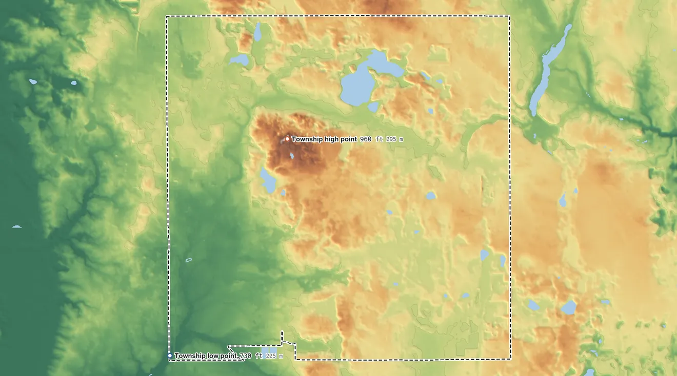 Topographic elevation map of Leighton Township, Michigan, shaded from 730 ft on the southwest side to 960 ft near the middle