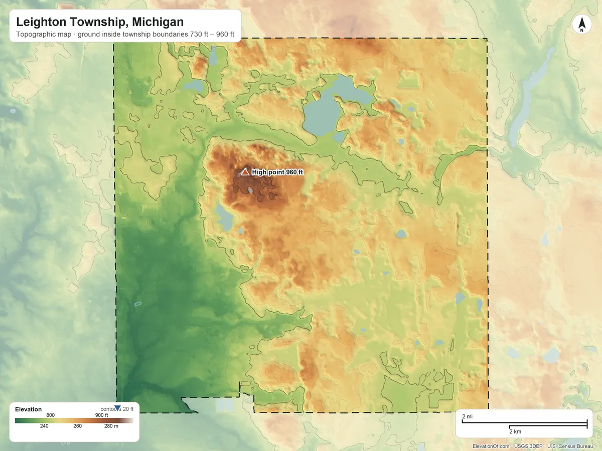 Topographic elevation map of Leighton Township, Michigan, shaded from 730 ft on the southwest side to 960 ft near the middle
