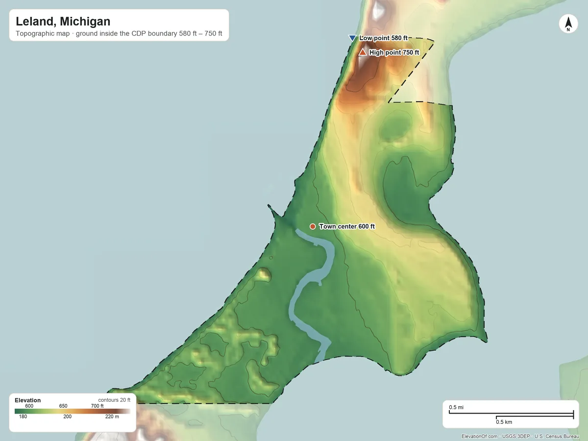 Topographic elevation map of Leland, Michigan, shaded from 580 ft on the north side to 750 ft on the north side