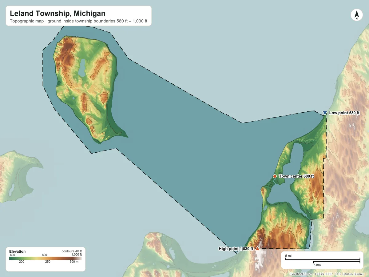 Topographic elevation map of Leland Township, Michigan, shaded from 580 ft on the northeast side to 1,030 ft on the south side