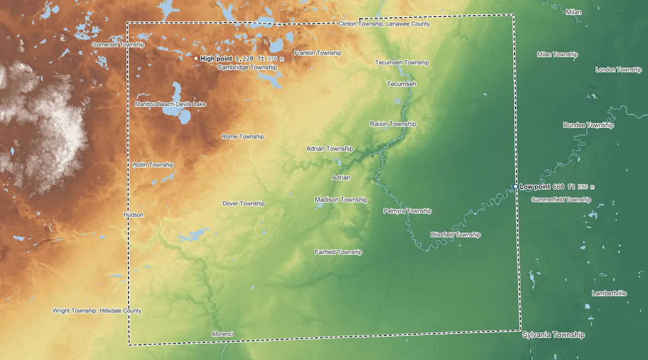 Topographic elevation map of Lenawee County, Michigan, shaded from 660 ft on the east side to 1,220 ft on Prospect Hill