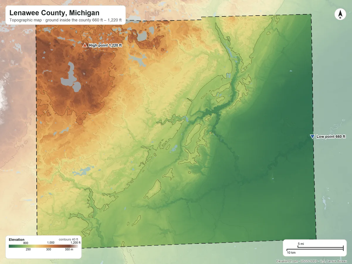 Topographic elevation map of Lenawee County, Michigan, shaded from 660 ft on the east side to 1,220 ft on Prospect Hill