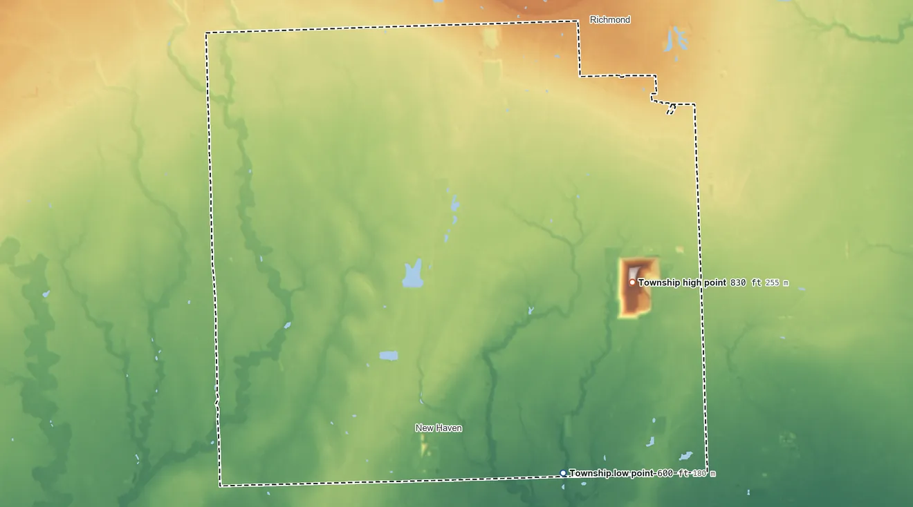 Topographic elevation map of Lenox Township, Michigan, shaded from 600 ft on the southeast side to 830 ft on the northeast side