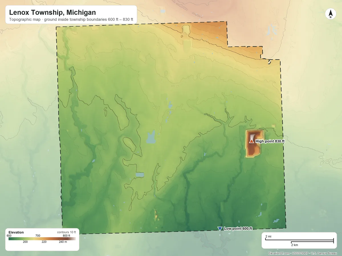 Topographic elevation map of Lenox Township, Michigan, shaded from 600 ft on the southeast side to 830 ft on the northeast side
