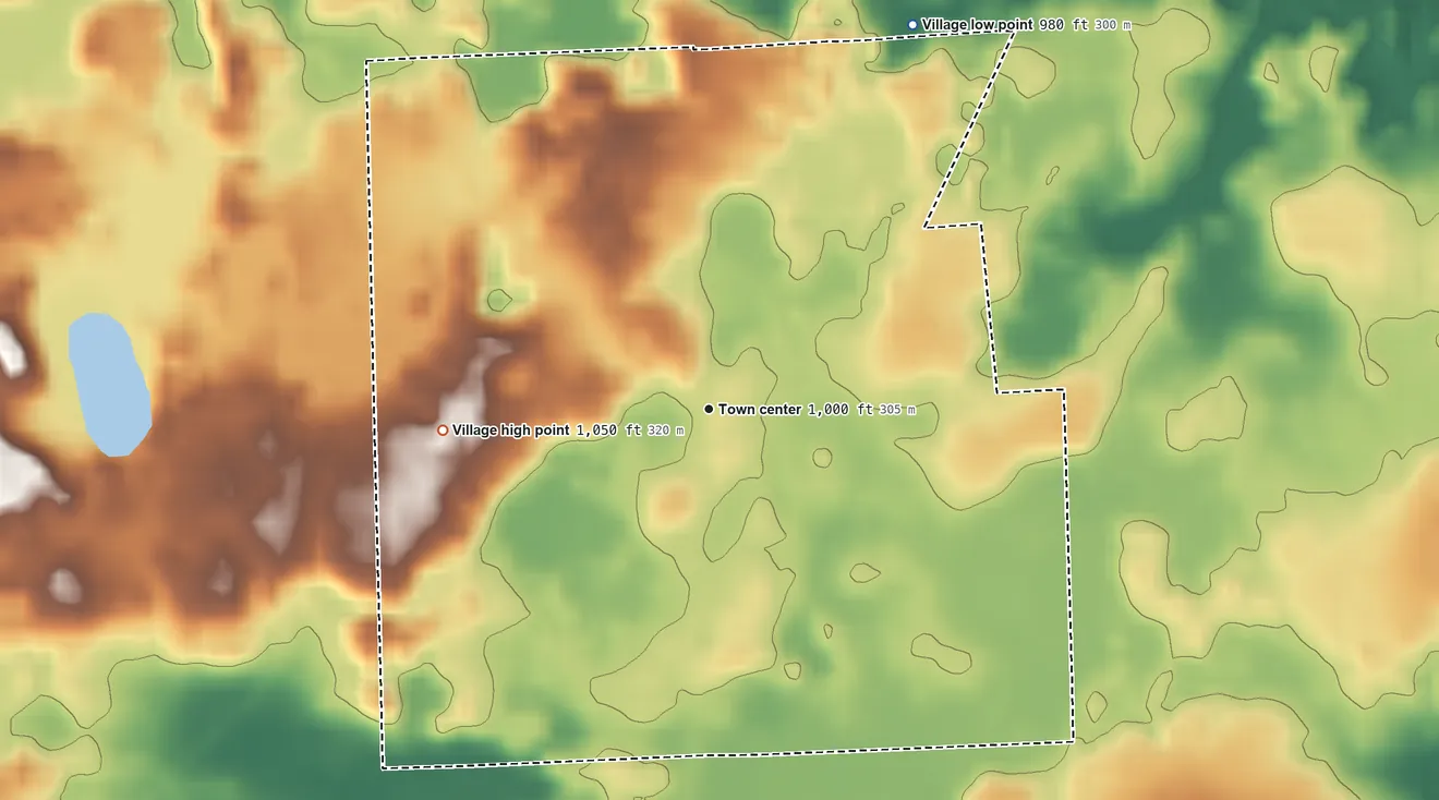 Topographic elevation map of Leonard, Michigan, shaded from 980 ft on the northeast side to 1,050 ft on the west side