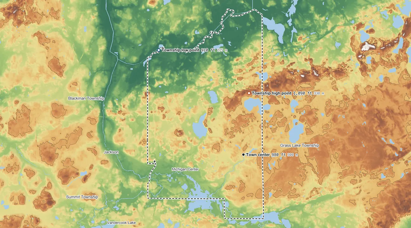 Topographic elevation map of Leoni Township, Michigan, shaded from 910 ft on the northwest side to 1,090 ft on the north side