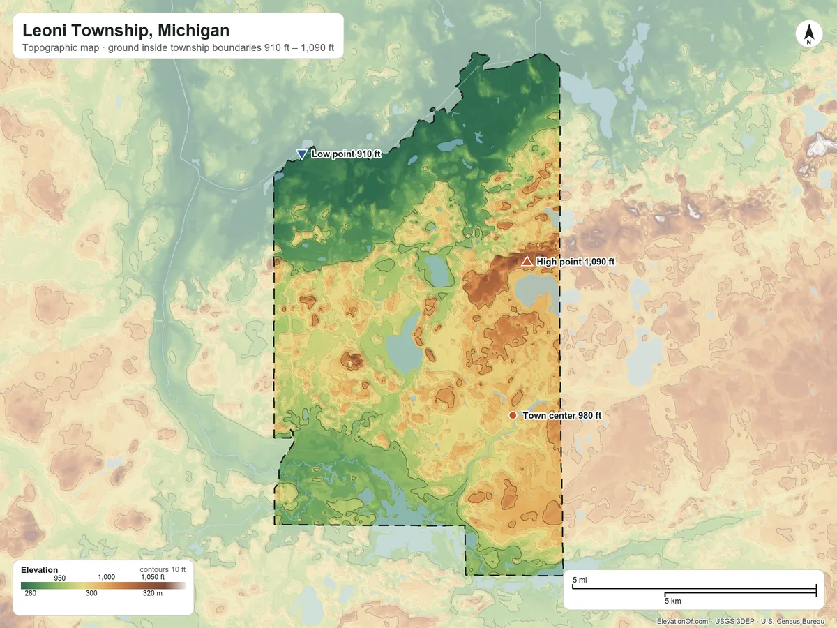 Topographic elevation map of Leoni Township, Michigan, shaded from 910 ft on the northwest side to 1,090 ft on the north side