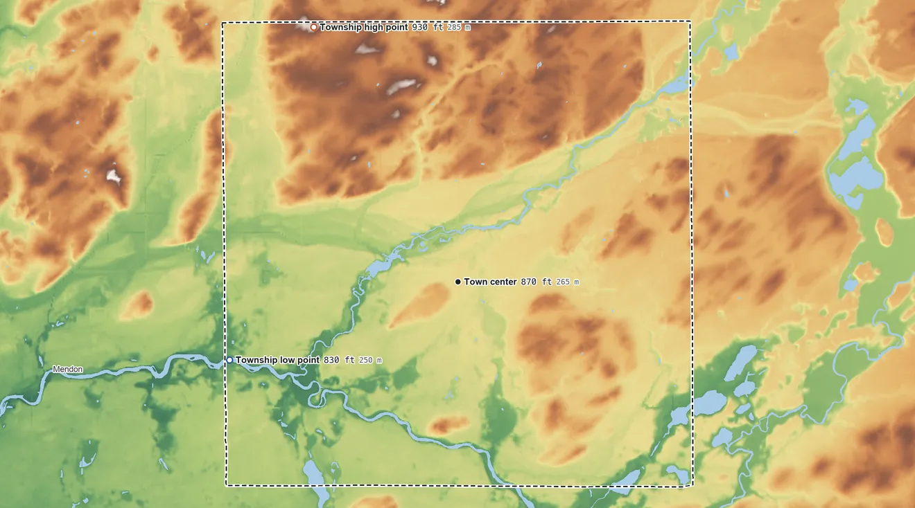 Topographic elevation map of Leonidas Township, Michigan, shaded from 830 ft on the west side to 930 ft on the northwest side