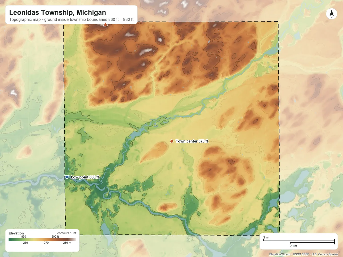 Topographic elevation map of Leonidas Township, Michigan, shaded from 830 ft on the west side to 930 ft on the northwest side