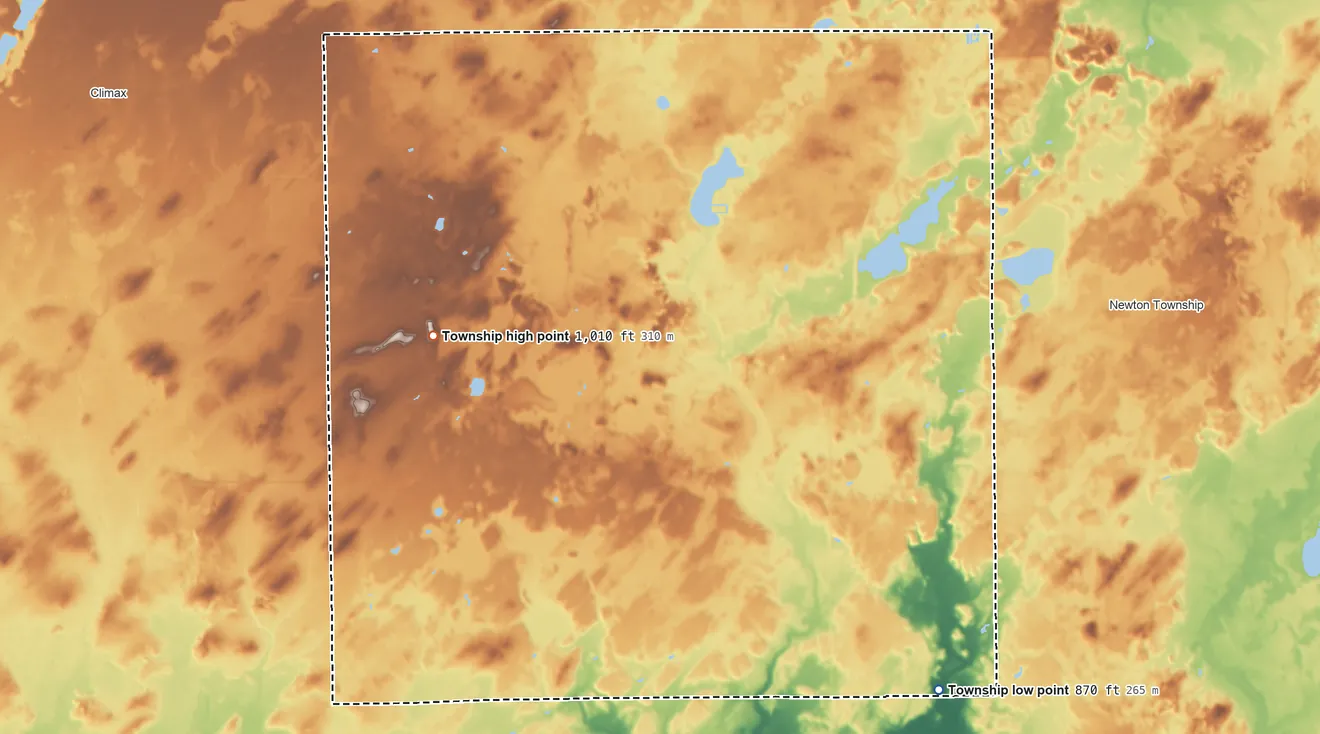 Topographic elevation map of Leroy Township, Calhoun County, Michigan, shaded from 870 ft on the southeast side to 1,010 ft on the west side