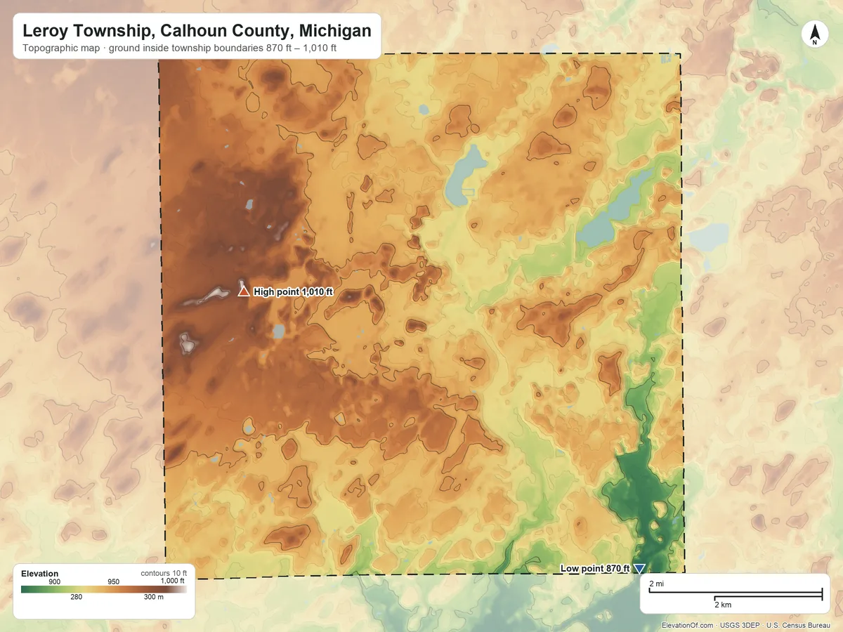 Topographic elevation map of Leroy Township, Calhoun County, Michigan, shaded from 870 ft on the southeast side to 1,010 ft on the west side