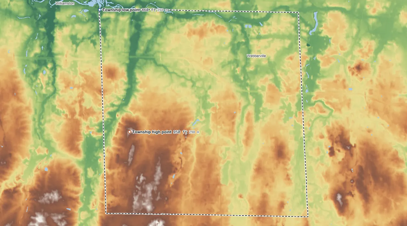 Topographic elevation map of Leroy Township, Michigan, shaded from 860 ft on the northwest side to 950 ft on the southwest side