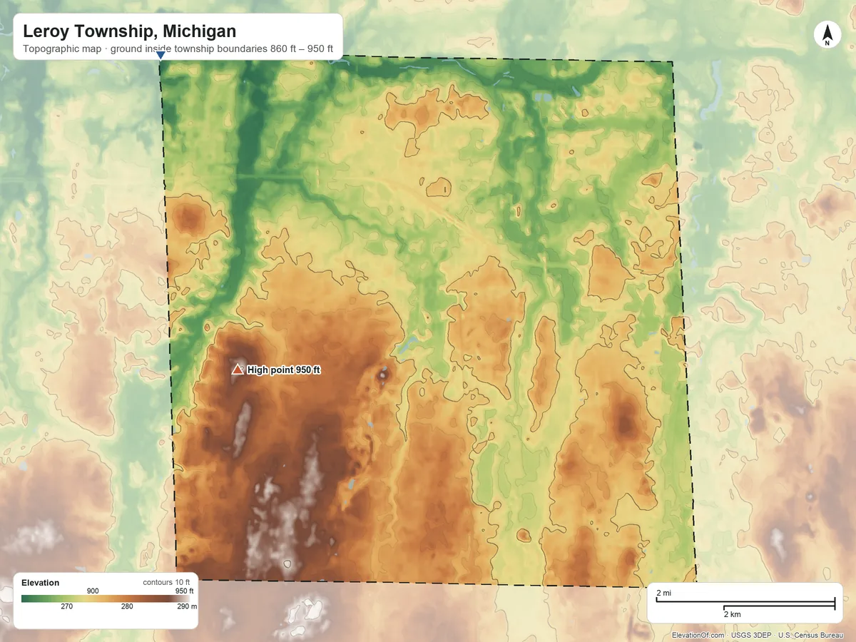 Topographic elevation map of Leroy Township, Michigan, shaded from 860 ft on the northwest side to 950 ft on the southwest side