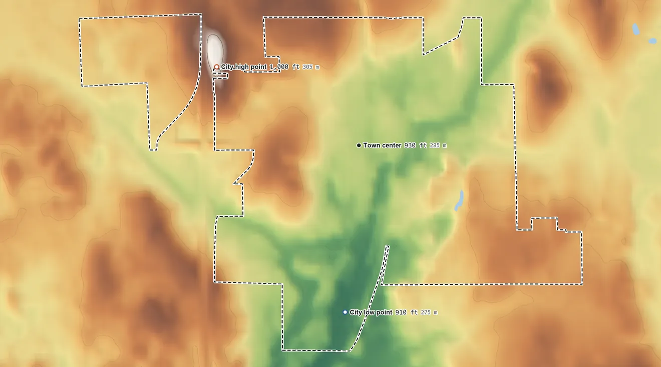Topographic elevation map of Leslie, Michigan, shaded from 910 ft on the south side to 1,000 ft on the northwest side
