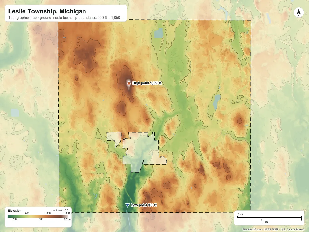 Topographic elevation map of Leslie Township, Michigan, shaded from 900 ft on the south side to 1,050 ft on Teaspoon Hill