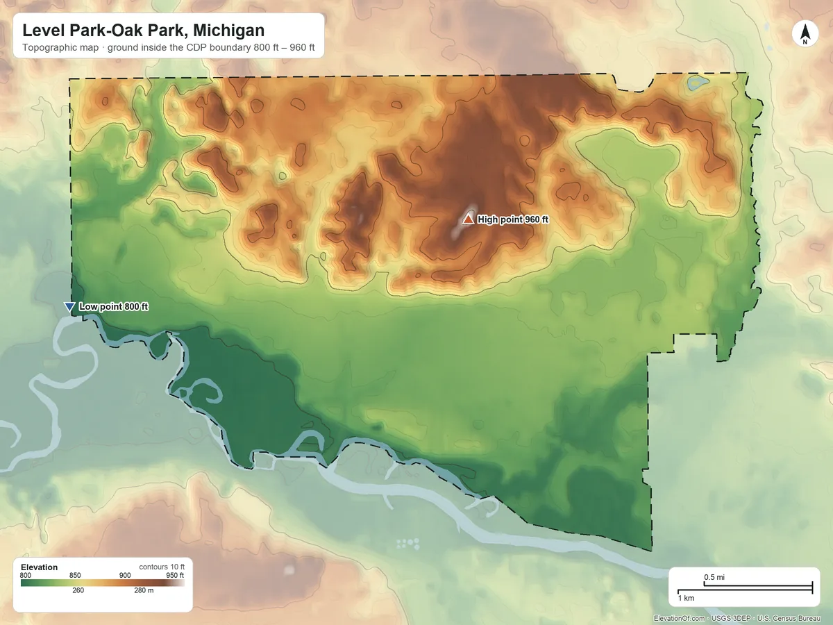 Topographic elevation map of Level Park-Oak Park, Michigan, shaded from 800 ft on the west side to 960 ft on the northeast side