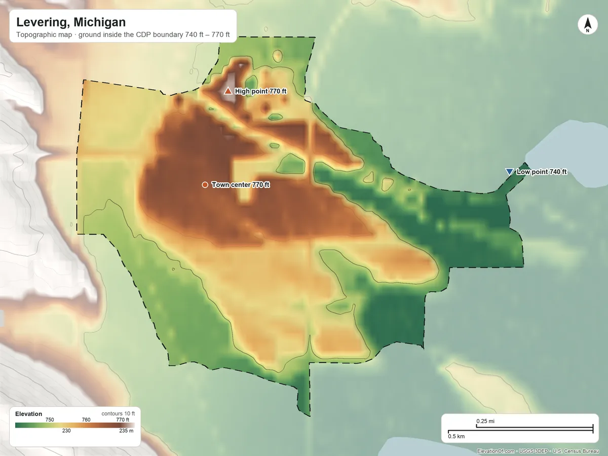 Topographic elevation map of Levering, Michigan, shaded from 740 ft on the east side to 770 ft on the north side