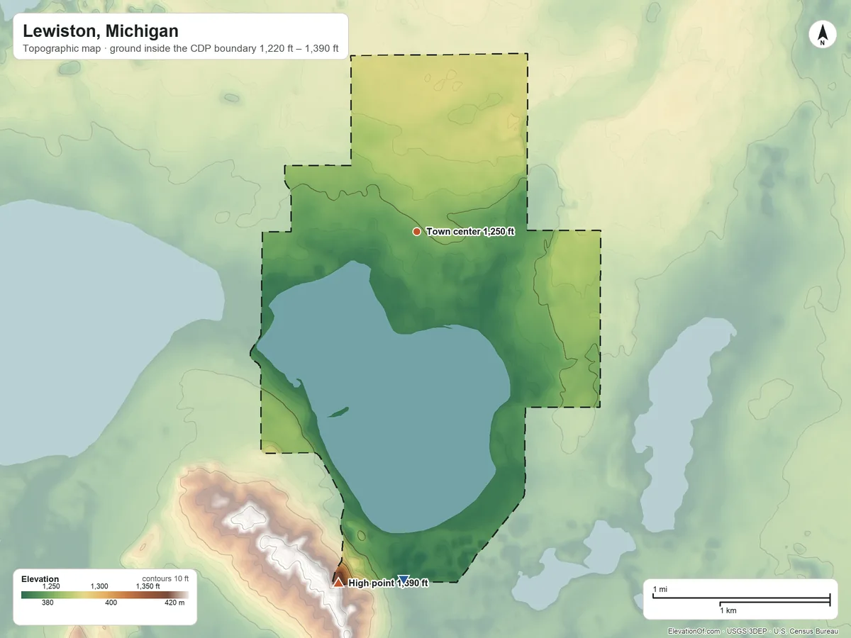 Topographic elevation map of Lewiston, Michigan, shaded from 1,220 ft on the south side to 1,390 ft on the south edge, below higher ground just outside