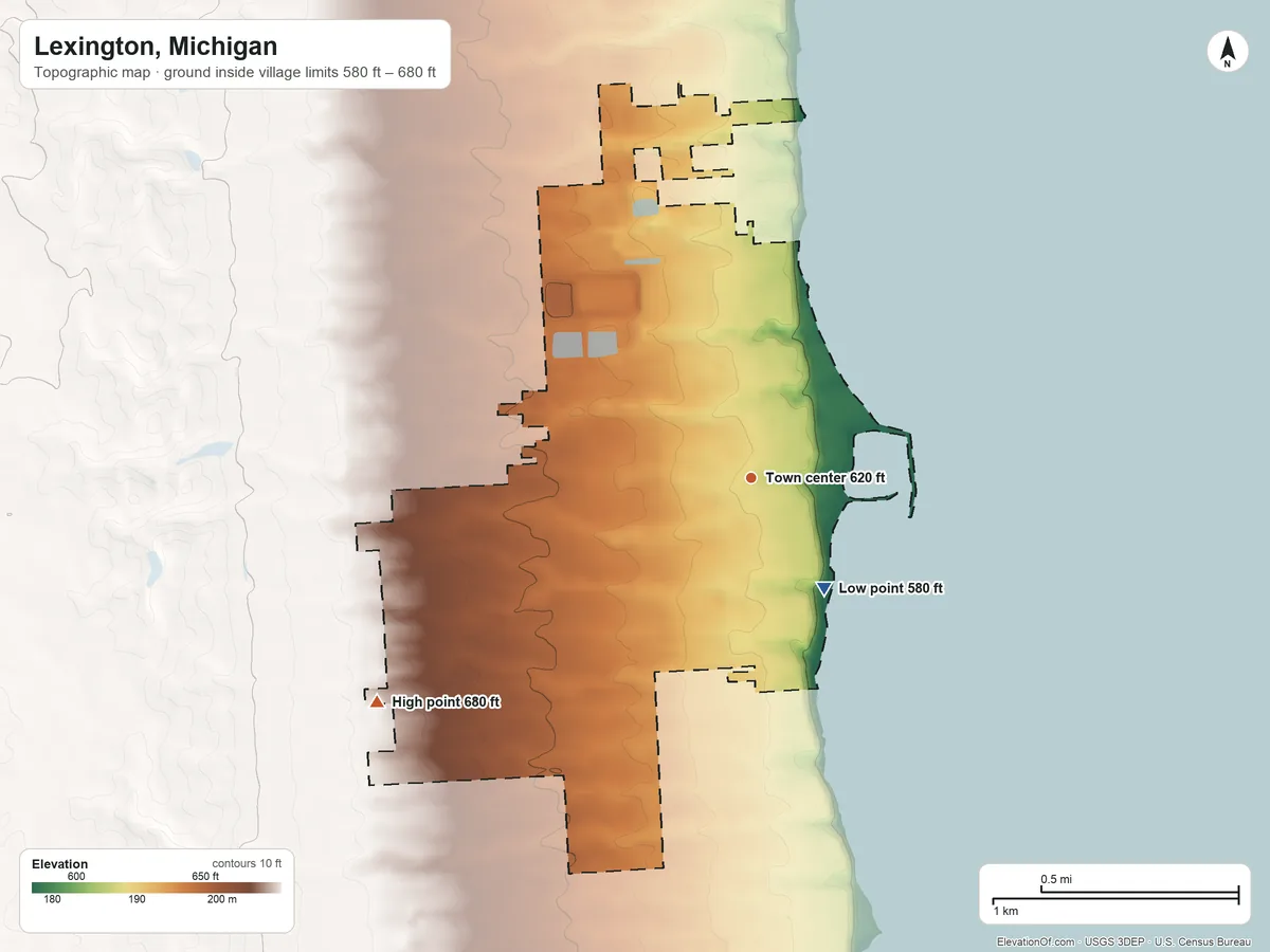 Topographic elevation map of Lexington, Michigan, shaded from 580 ft on the southeast side to 680 ft on the southwest side
