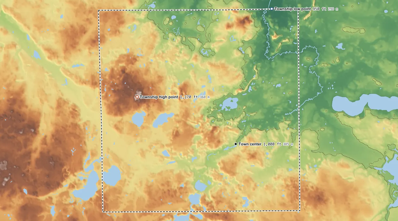 Topographic elevation map of Liberty Township, Michigan, shaded from 950 ft on the north side to 1,170 ft on the northwest side