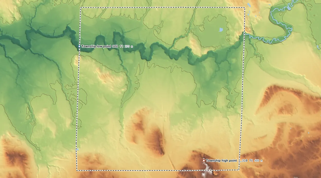 Topographic elevation map of Liberty Township, Wexford County, Michigan, shaded from 900 ft on the northwest side to 1,310 ft on the southeast side