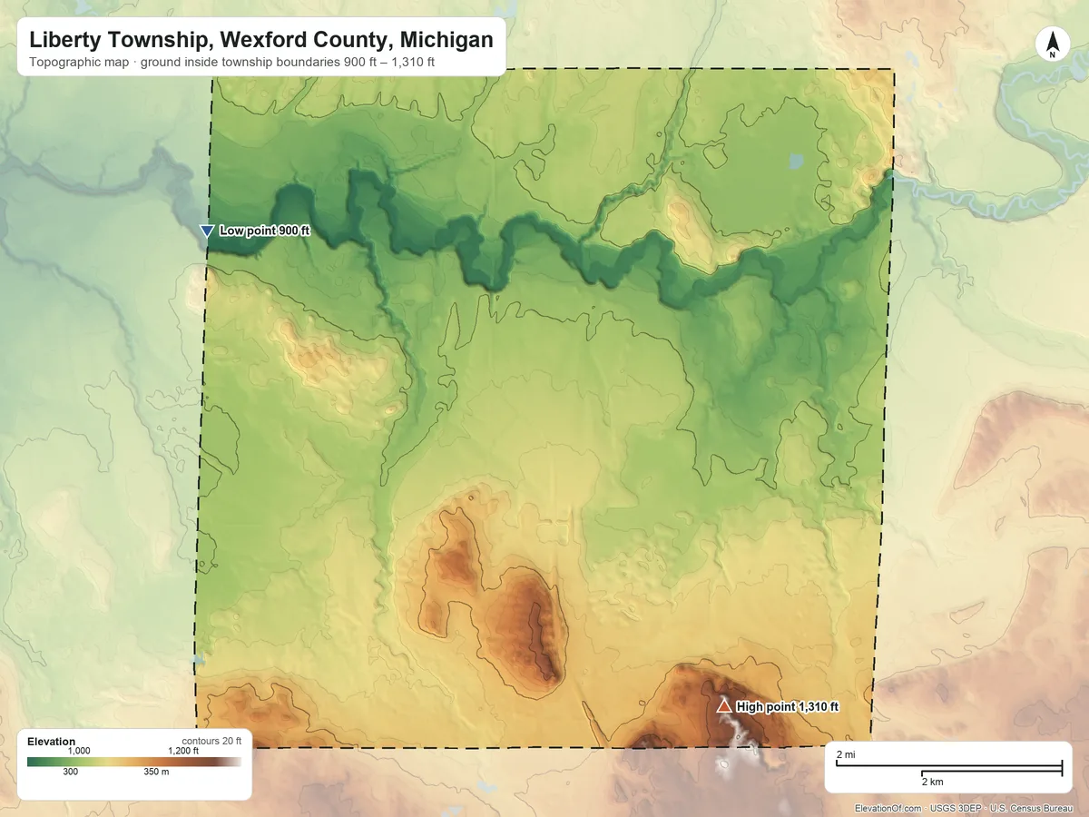 Topographic elevation map of Liberty Township, Wexford County, Michigan, shaded from 900 ft on the northwest side to 1,310 ft on the southeast side