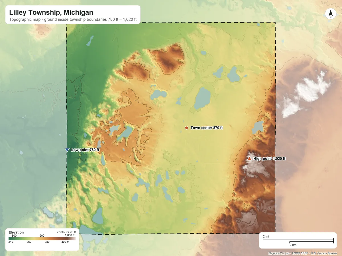 Topographic elevation map of Lilley Township, Michigan, shaded from 780 ft on the west side to 1,020 ft on the southeast side