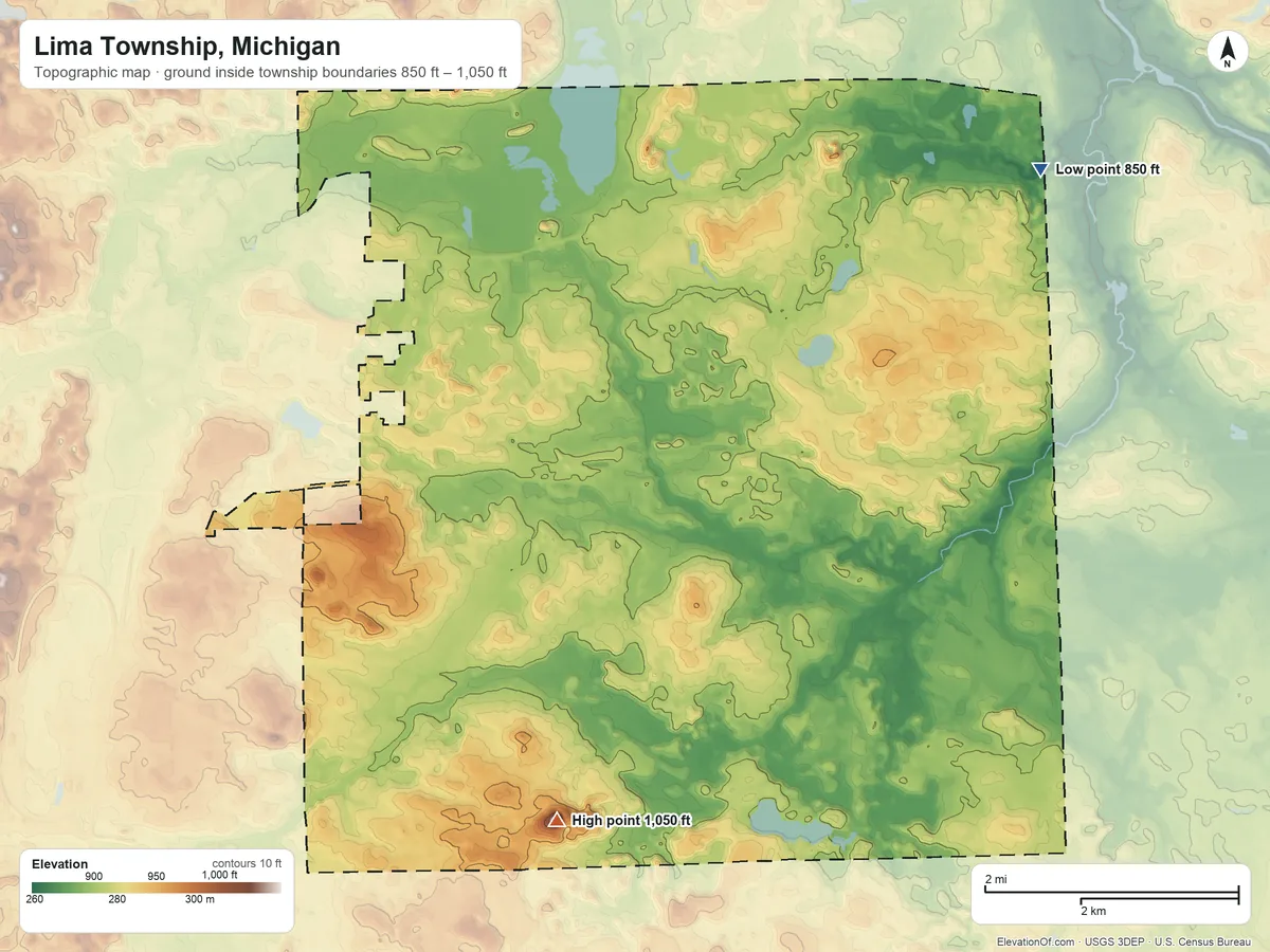 Topographic elevation map of Lima Township, Michigan, shaded from 850 ft on the northeast side to 1,050 ft on the southwest side