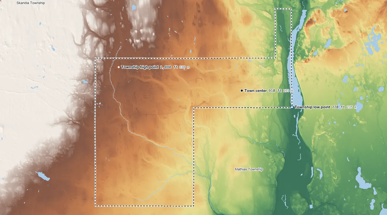 Topographic elevation map of Limestone Township, Michigan, shaded from 770 ft on the east side to 1,080 ft on the west side