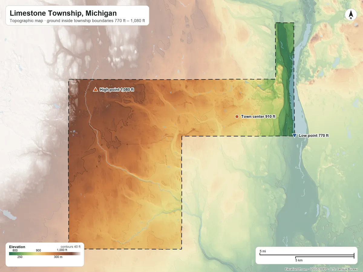 Topographic elevation map of Limestone Township, Michigan, shaded from 770 ft on the east side to 1,080 ft on the west side