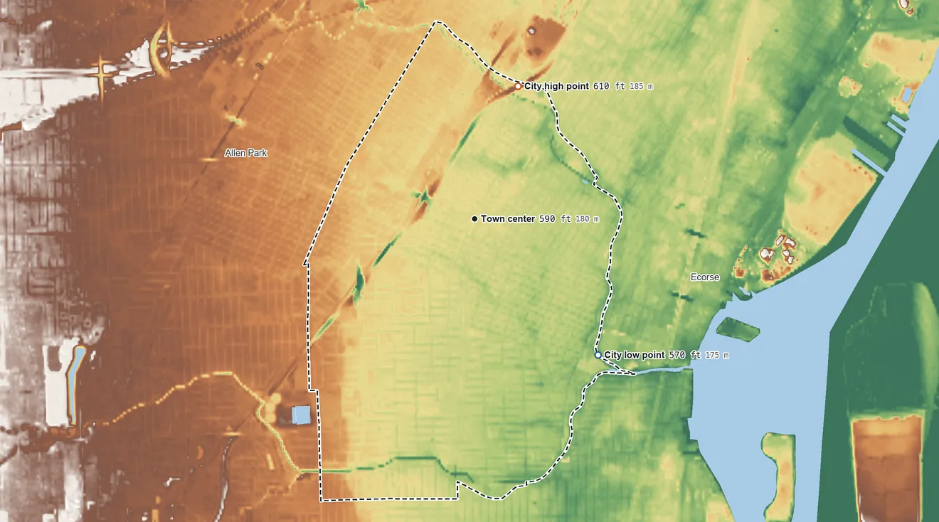 Topographic elevation map of Lincoln Park, Michigan, shaded from 570 ft on the southeast side to 610 ft on the north side