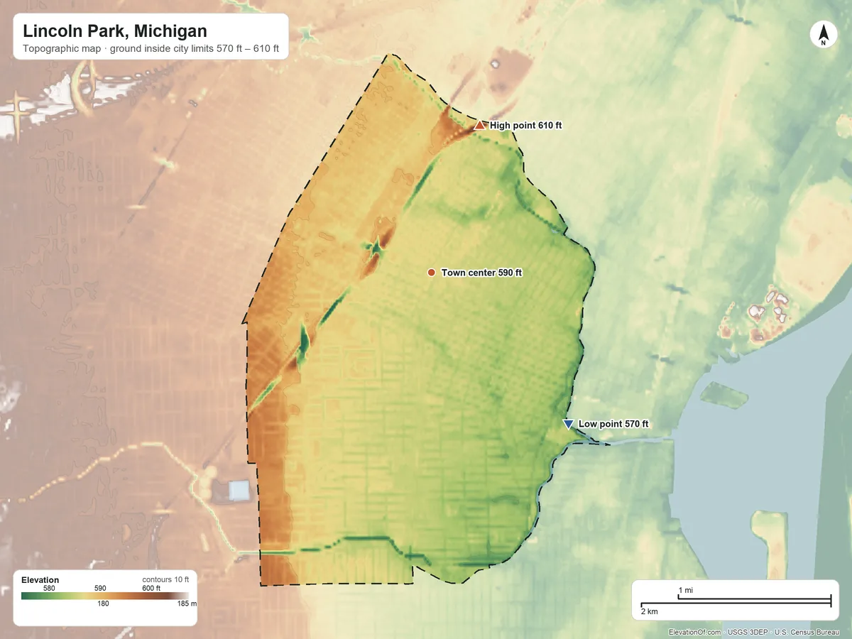Topographic elevation map of Lincoln Park, Michigan, shaded from 570 ft on the southeast side to 610 ft on the north side