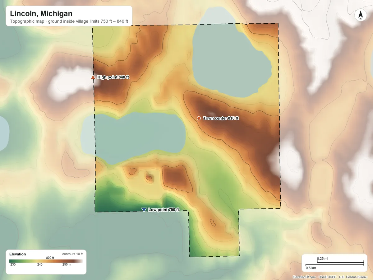 Topographic elevation map of Lincoln, Michigan, shaded from 750 ft on the southwest side to 840 ft on the west side