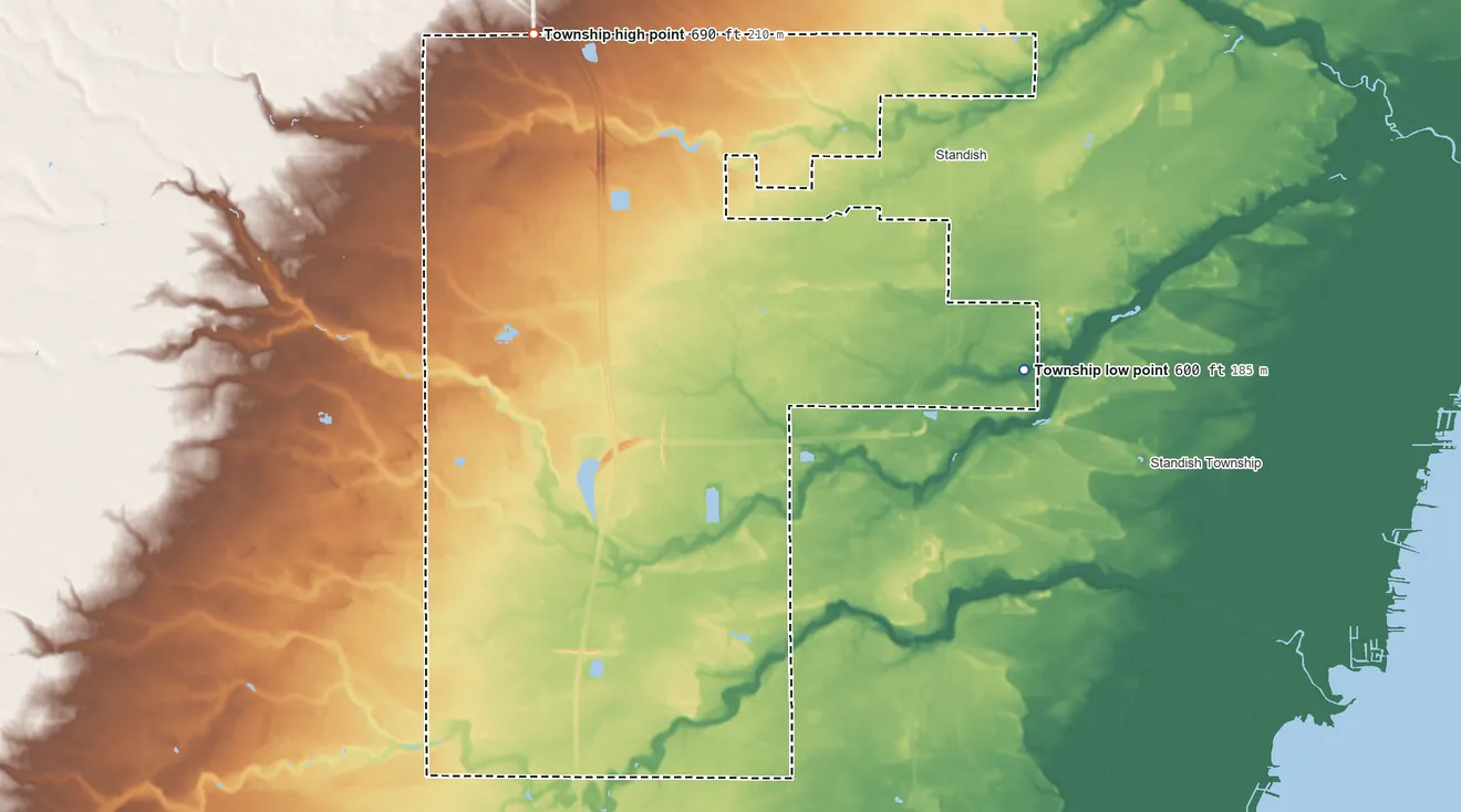 Topographic elevation map of Lincoln Township, Arenac County, Michigan, shaded from 600 ft on the east side to 690 ft on the northwest side