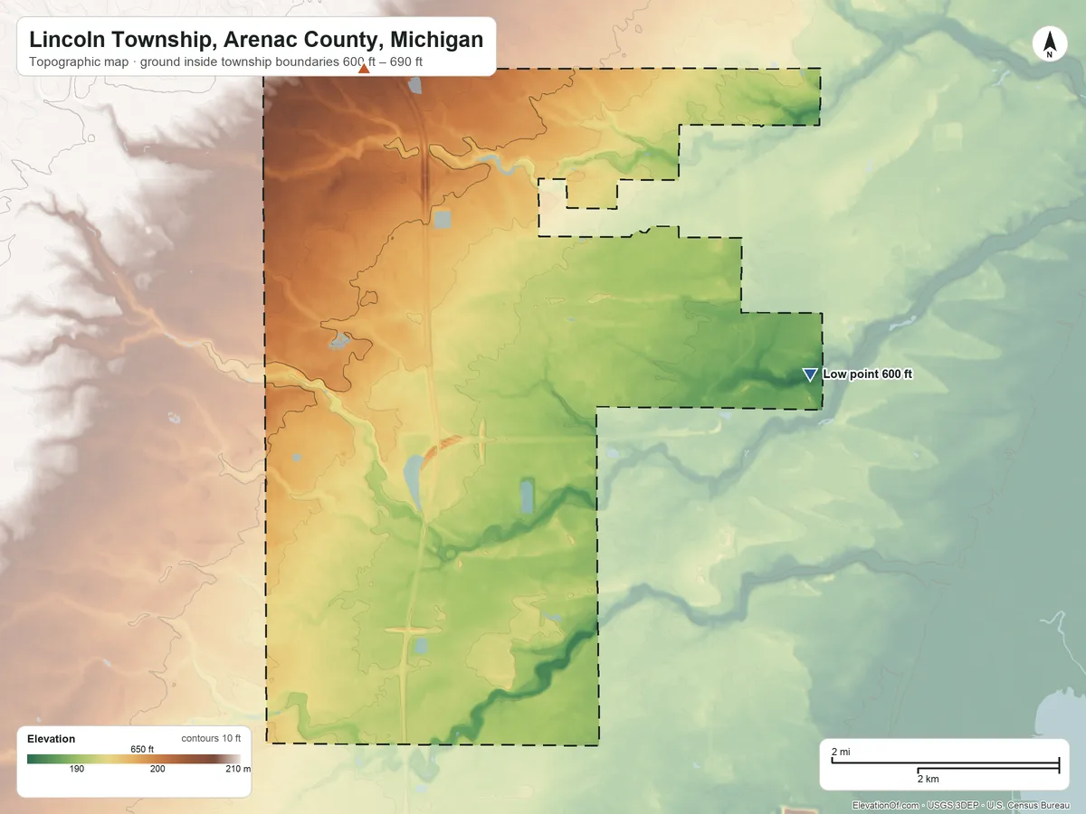 Topographic elevation map of Lincoln Township, Arenac County, Michigan, shaded from 600 ft on the east side to 690 ft on the northwest side