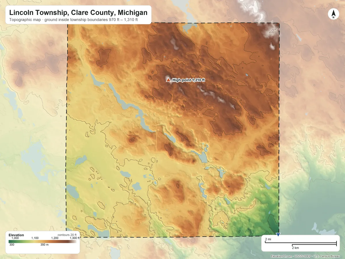 Topographic elevation map of Lincoln Township, Clare County, Michigan, shaded from 970 ft on the southeast side to 1,310 ft on the north side
