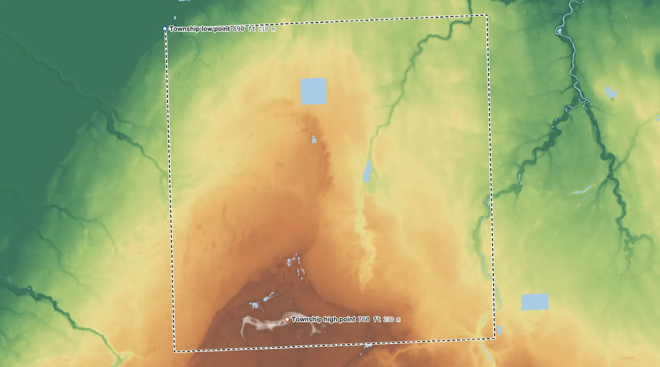 Topographic elevation map of Lincoln Township, Huron County, Michigan, shaded from 690 ft on the northwest side to 760 ft on the south side