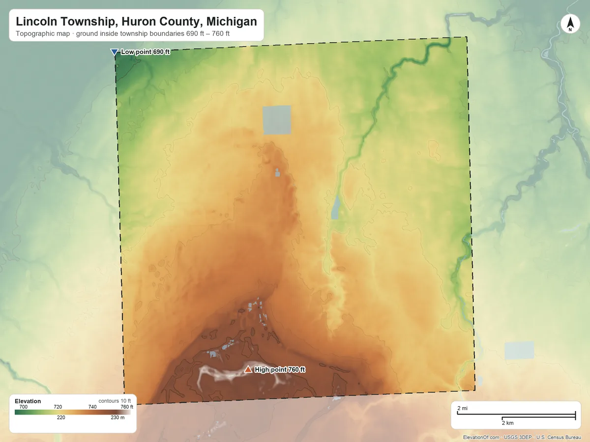 Topographic elevation map of Lincoln Township, Huron County, Michigan, shaded from 690 ft on the northwest side to 760 ft on the south side