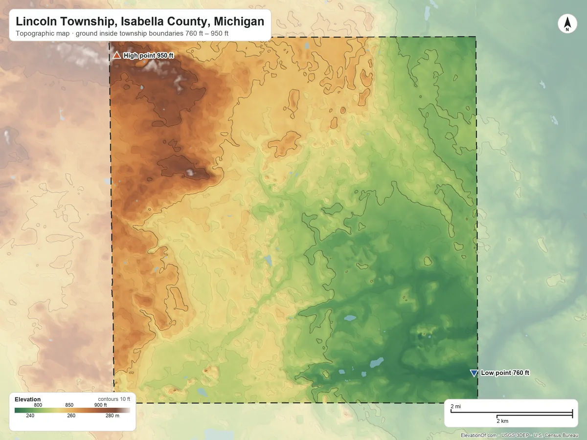 Topographic elevation map of Lincoln Township, Isabella County, Michigan, shaded from 760 ft on the southeast side to 950 ft on the northwest side