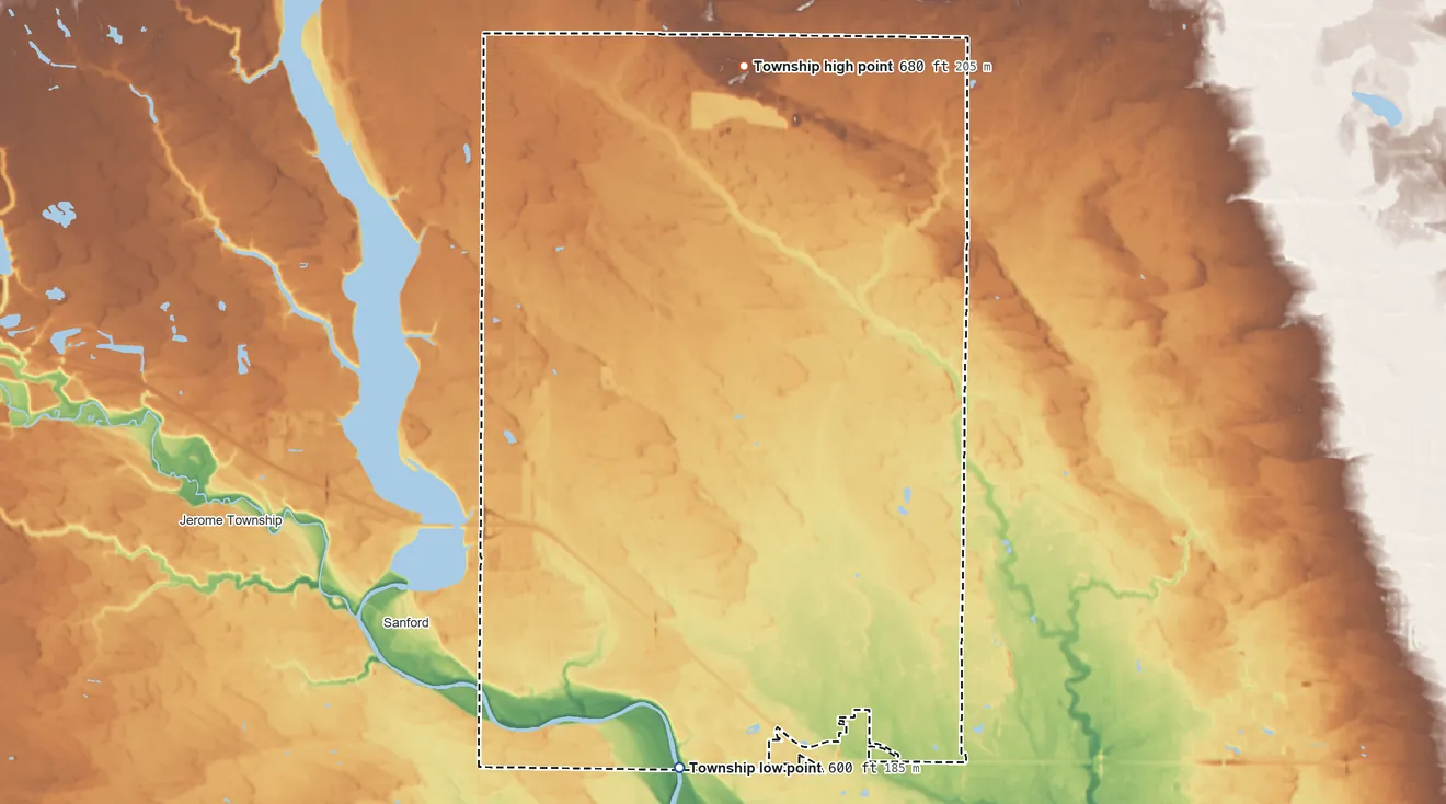Topographic elevation map of Lincoln Township, Midland County, Michigan, shaded from 600 ft on the south side to 680 ft on the north side