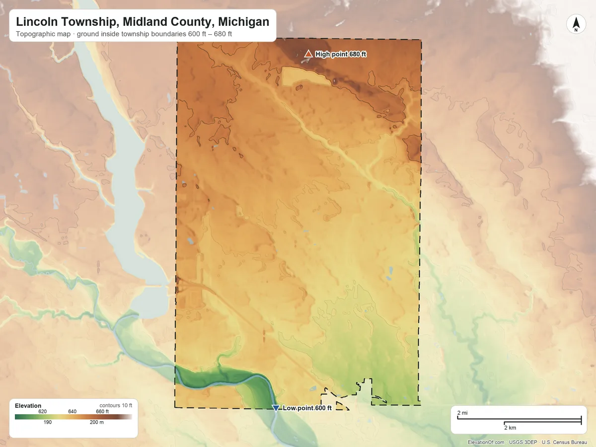 Topographic elevation map of Lincoln Township, Midland County, Michigan, shaded from 600 ft on the south side to 680 ft on the north side