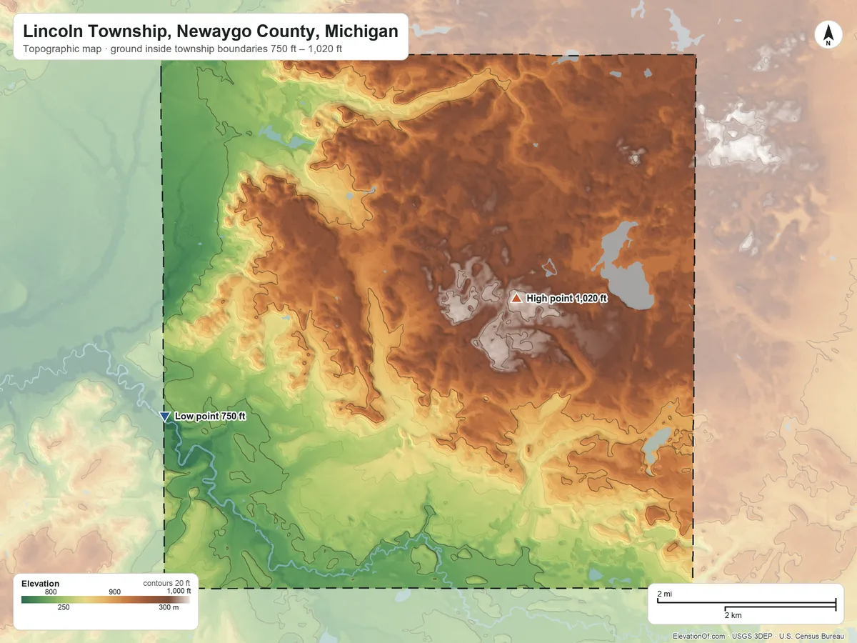 Topographic elevation map of Lincoln Township, Newaygo County, Michigan, shaded from 750 ft on the west side to 1,020 ft on the northeast side