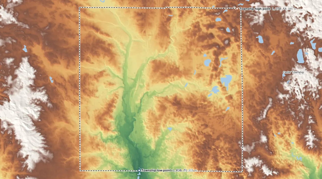 Topographic elevation map of Lincoln Township, Osceola County, Michigan, shaded from 1,030 ft on the south side to 1,270 ft on the northeast side