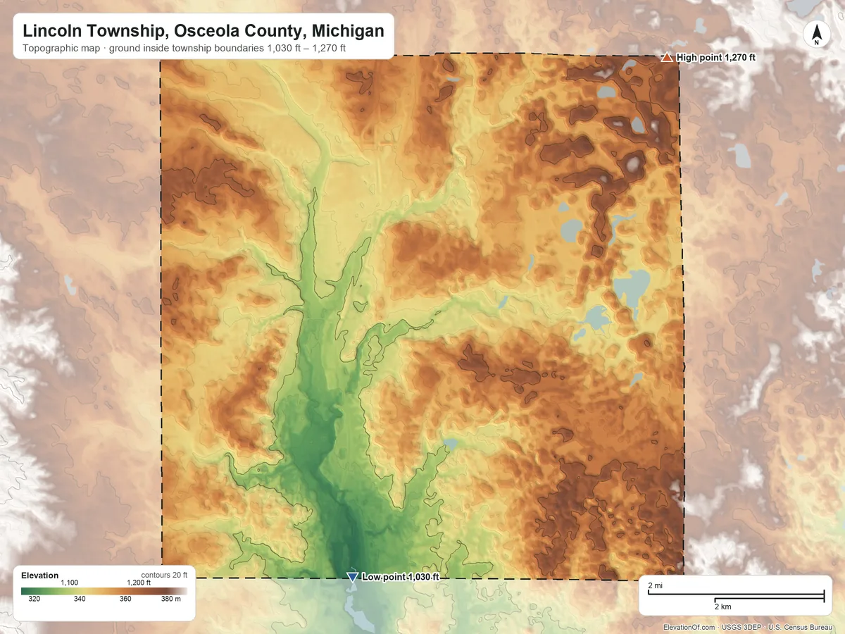 Topographic elevation map of Lincoln Township, Osceola County, Michigan, shaded from 1,030 ft on the south side to 1,270 ft on the northeast side