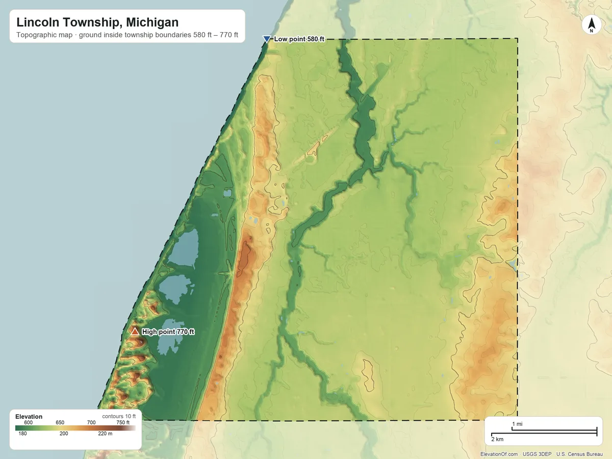 Topographic elevation map of Lincoln Township, Michigan, shaded from 580 ft on the northwest side to 770 ft on the southwest side