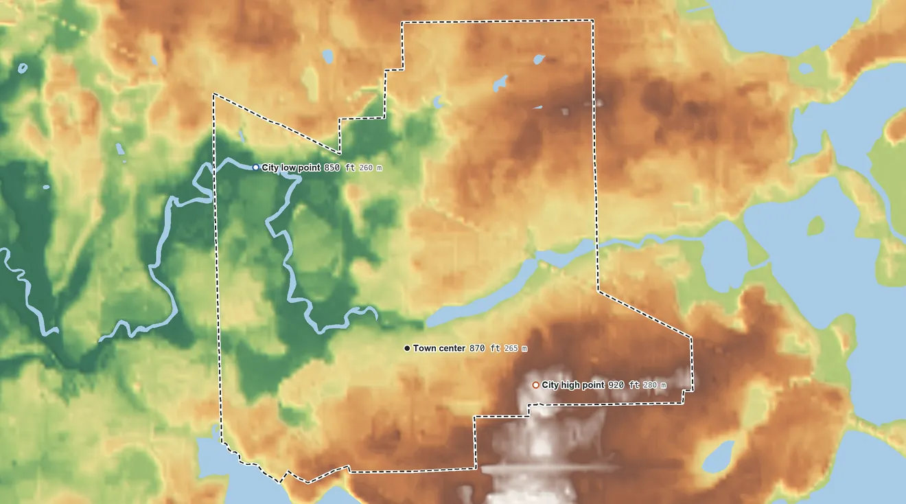 Topographic elevation map of Linden, Michigan, shaded from 850 ft on the northwest side to 920 ft on the east side