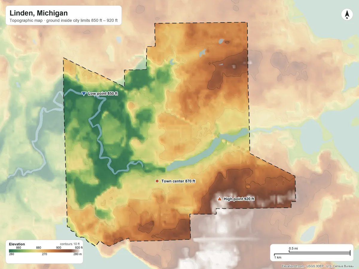 Topographic elevation map of Linden, Michigan, shaded from 850 ft on the northwest side to 920 ft on the east side
