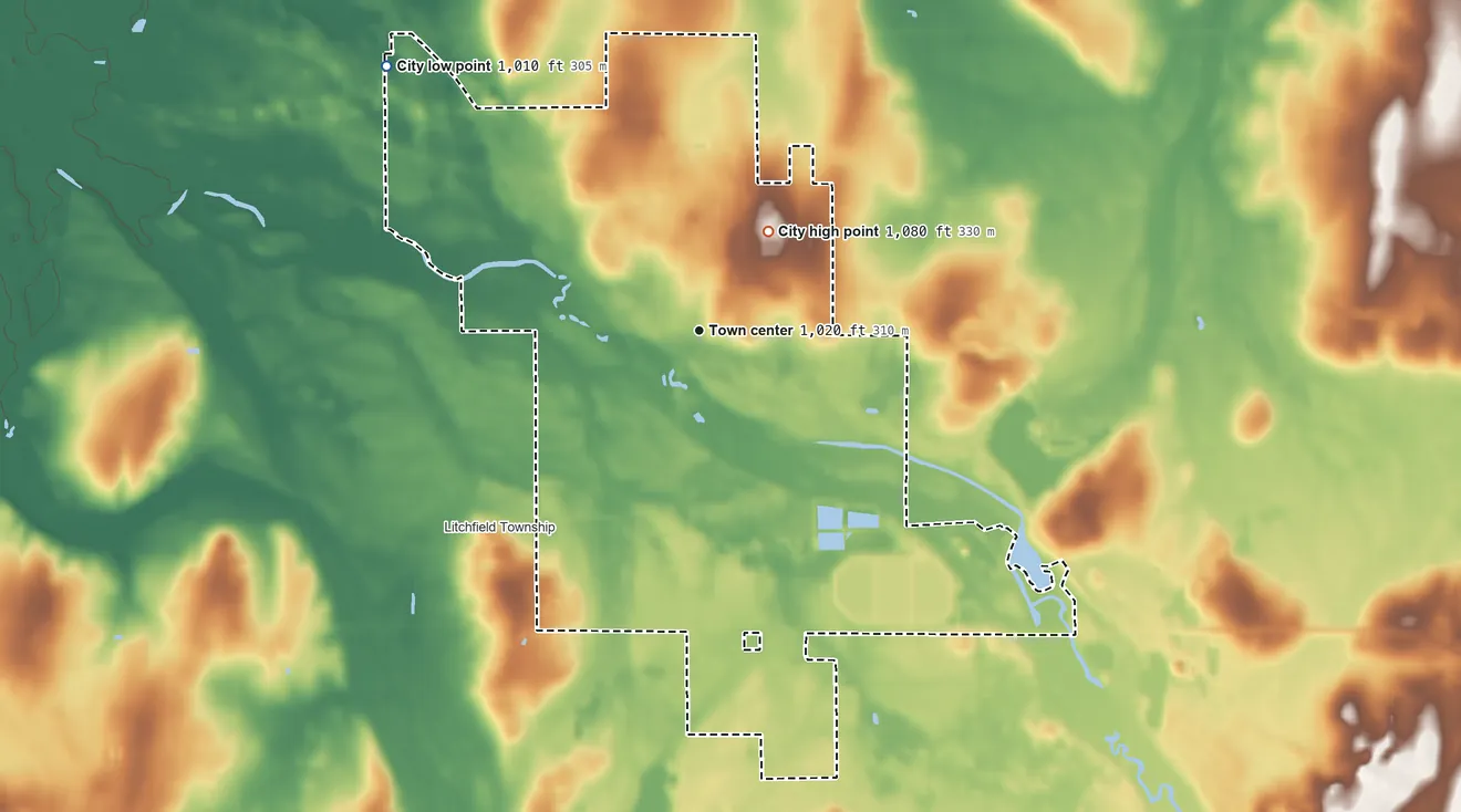 Topographic elevation map of Litchfield, Michigan, shaded from 1,010 ft on the northwest side to 1,080 ft on the northeast side